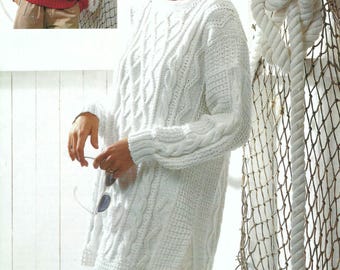Ladies Loose Fit Long Cable Tunic Sweater PDF Knitting Pattern Womens Trellis Design Jumper Pullover Cotton Aran 10ply 32 - 40" Vintage