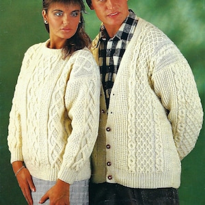 PDF Knitting Pattern Mens Ladies Adult Cable Cardigan Sweater Jumper Aran ( 10 ply, Medium Worsted ) 32 - 44&quot; Vintage His & Hers Download