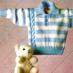 Baby Boys Striped Sweater Cable Panel Design Collar Jumper Sweatshirt PDF Knitting Pattern DK ( 8 ply )  16 - 24" 0 - 4 yrs vintage Download