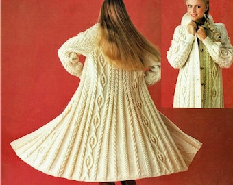 PDF Knitting Pattern Ladies Long Cable Swing Coat Jacket Cardigan with Collar Womens Aran ( 10 ply, Worsted) 34 - 38" Vintage Download