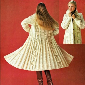 PDF Knitting Pattern Ladies Long Cable Swing Coat Jacket Cardigan with Collar Womens Aran ( 10 ply, Worsted) 34 - 38&quot; Vintage Download
