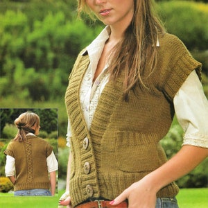 May include: A brown sleeveless knitted vest with a V-neck and button closure. The vest has a pocket on the front and is made of a textured yarn.