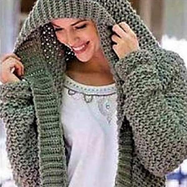 Ladies Long Hooded Jacket Easy Cardigan Hood PDF Crochet Pattern 35 - 50" Plus Sizes Chunky Bulky Download