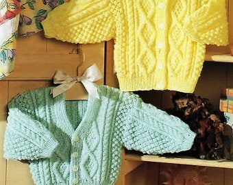 Boys Girls Blackberry Stitch Cable Cardigan Jacket V Crew Neck PDF Knitting Pattern DK ( 8 ply ) 16 - 26" 0 - 7 yrs Vintage Download