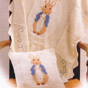 Peter Rabbit Intarsia Motif Blanket Shawl Cushion Pillow Cot Cover PDF Knitting Pattern Cotton DK ( 8 ply ) Vintage Download