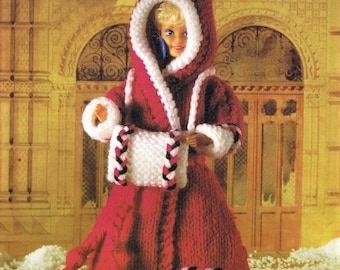 Teenage Dolls Clothes Sindy Hooded Winter Coat Christmas Hand Muffs PDF Knitting Pattern DK ( 8 ply ) 12" Vintage Download