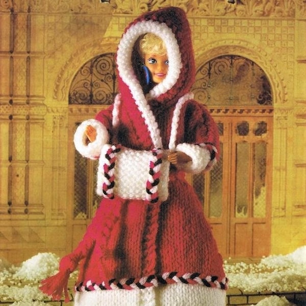 Teenage Dolls Clothes Sindy Hooded Winter Coat Christmas Hand Muffs PDF Knitting Pattern DK ( 8 ply ) 12" Vintage Download