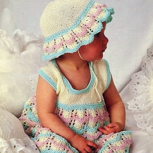 Baby Girls Lacy Sleeveless Summer Dress Floppy Sun Hat PDF Knitting Pattern 20 - 24" Cotton DK ( 8 ply, light worsted 3 ) Digital Download