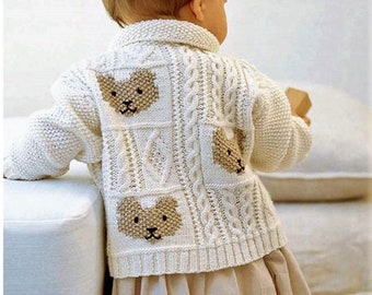 Baby Girls Teddy Bear Motif Square Block Cardigan Jacket Collar Cable Knitting Pattern 4 ply 20 - 22"  6 mths - 2 yrs Downloadable Intarsia