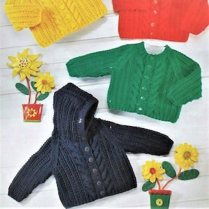 Baby Girls Boys Hooded Cable Cardigan Raglan Jacket PDF Knitting Pattern Chunky ( Bulky, 12 ply ) 18 - 28" 3m - 8 yrs Vinatge Download