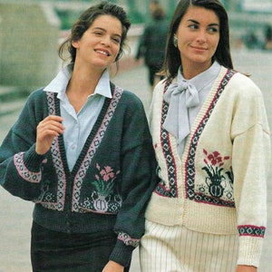 Ladies Fair Isle edges V Neck Cardigan Flower Pot Intarsia Design PDF Knitting Pattern DK ( 8 ply ) 32 - 42" Vintage Download 2229