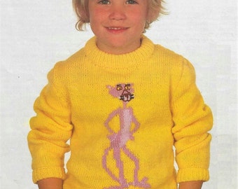 PDF Knitting Pattern Pink Panther Motif Cat Sweater Jumper Intarsia Character DK ( 8ply ) 20 - 34" Age 1 - 14 years Vintage Download