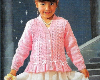 Baby Girls Pretty Lacy Peplum Cardigan Jacket PDF Knitting Pattern DK ( 8 ply ) 20 - 30" 1 - 11 yrs Party wedding Vintage Download  5068