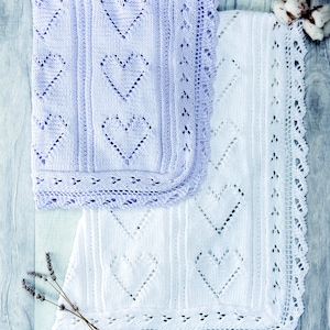 Heart Eyelet Motif Baby Blanket Shawl 56 x 66cm PDF Knitting Pattern Cotton DK ( 8 ply ) Lace Edging