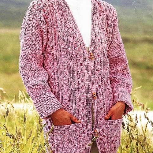 Ladies Long Lenght Jacket Cardigan Pockets Diamond Cable Design V Neck PDF  Knitting Pattern 30 44