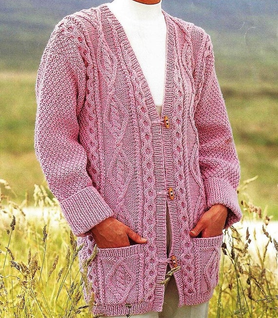 Ladies Long Lenght Jacket Cardigan Pockets Diamond Cable