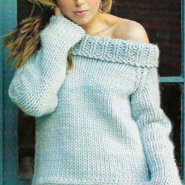 Ladies Off Shoulder Jumper Sweater PDF Knitting Pattern Super Chunky ( Super Bulky ) 34 - 46" Quick Easy Knit  Downloadable