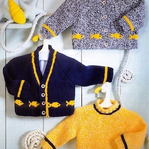 Baby Boys Girls Fish Intarsia Motif Cardigan Sweater Jumper V Crew Neck Nautical PDF Knitting Pattern DK ( 8 ply ) 16 - 26&quot; 0 - 6 yr Vintage