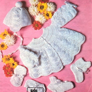 Baby Girls Shell st Matinee Coat Yoked Cardigan Hat Mittens & Booties Set PDF Knitting Pattern DK ( 8 ply ) 18 -19" 0 - 6mths Vintage