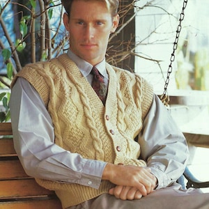 Mens Cable Waistcoat PDF Knitting Pattern Gents V Neck Sleeveless Cardigan Jacket DK 8ply 36 - 50&quot; Plus Sizes Vintage Downloadable