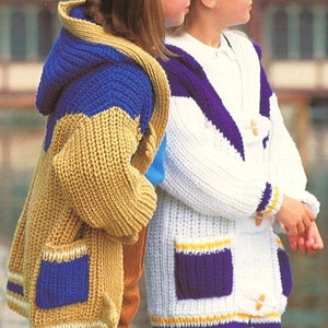 Girls Long Hooded Colour Block Jacket Cardigan Coat Pockets PDF Knitting Pattern Chunky ( Bulky / 12 ply ) 24 - 32" 4 - 12 yrs Vintage 4789