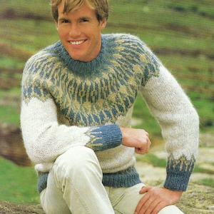 Mens Chunky Fair Isle Yoked Sweater Knitting Pattern PDF Gents Mans Yoke Jumper Pullover Bulky 12ply 36 - 42&quot; Vintage Downloadable