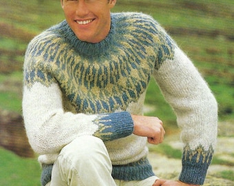 Mens Chunky Fair Isle Yoked Sweater Knitting Pattern PDF Gents Mans Yoke Jumper Pullover Bulky 12ply 36 - 42" Vintage Downloadable