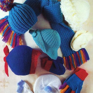 May include: A set of knitted winter accessories including hats, scarves, and mittens in various colours, including blue, white, and red.