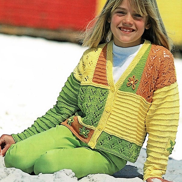 Girls Colour Block Patchwork Effect V Neck Jacket Cardigan PDF Knitting Pattern DK ( 8 ply ) 22 - 30" Age 1 - 10 years Downloadable