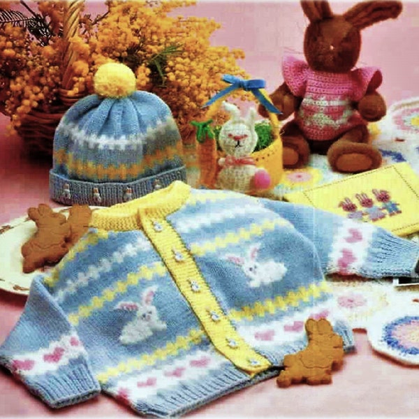 Baby Boys Girls Bunny Rabbit Motif Fair Isle Cardigan & Hat Easter PDF Knitting Pattern 4 ply ( fingering )  20 - 22" 6 - 12 mths Download