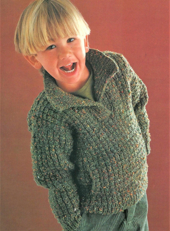 Boys Textured Sweater Jumper Collar Lumberjack Pullover Pockets PDF Knitting Pattern DK ( 8 ply ) 24 - 28" 4 - 8 yrs Vintage Download