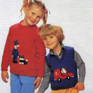 PDF Knitting Pattern Boys Girls Postman Pat Intarsia Motif Sweater Jumper Tank Top Slip Over DK ( 8 ply ) 18 - 28&quot; Baby 3 mths - 8 yrs