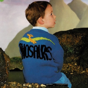 May include: A blue knitted sweater with a yellow and green dinosaur design and the word "Dinosaurs" in black lettering on the back.