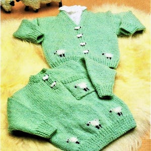 Baby Boys Girls Sheep Motif Sweater Pocket V Neck Cardigan Jumper PDF Knitting Pattern DK ( 8 ply ) 18 - 24" Vintage Digital Download