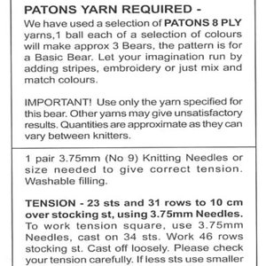 May include: A black and white knitting pattern sheet with measurements in centimeters and inches. The text details yarn requirements, needle sizes, and tension instructions for a Basic Bear knitting project. The height is approximately 7 inches.
