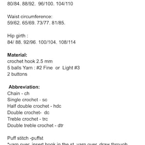 Peut inclure: Instructions de mod&egrave;le de crochet pour un v&ecirc;tement avec des tailles allant de S &agrave; XL. Le mod&egrave;le comprend des mesures pour la circonf&eacute;rence de la poitrine, de la taille et des hanches. Les mat&eacute;riaux n&eacute;cessaires comprennent un crochet de 2,5 mm, 5 pelotes de laine et 2 boutons. Le mod&egrave;le comprend &eacute;galement des abr&eacute;viations pour les points de crochet.