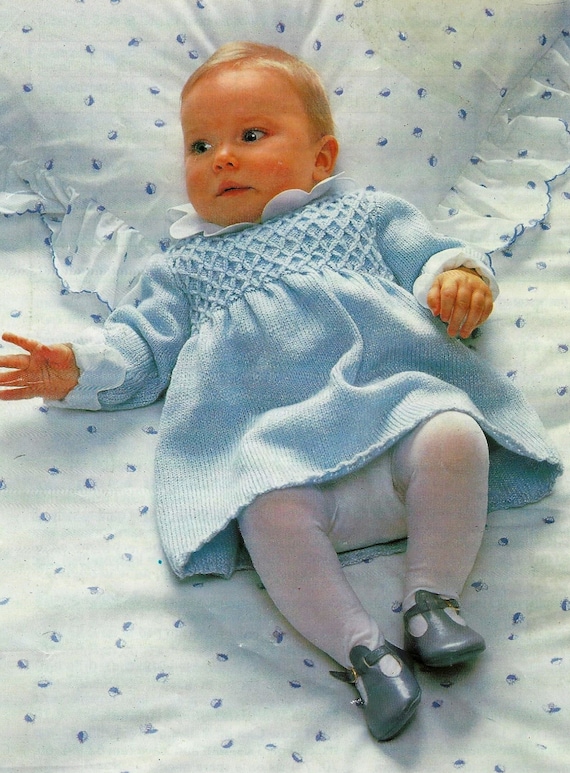 Baby Girls Pretty Smocked Long Sleeve Dress PDF Knitting Pattern ply  Fingering 18 22