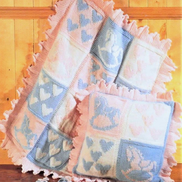 Baby Boys Girls Rocking Horse & Heart Motif Cot Blanket Pillow Shawl PDF Knitting Pattern Aran, worsted, 10ply, 8ply, DK 100 x 77cm
