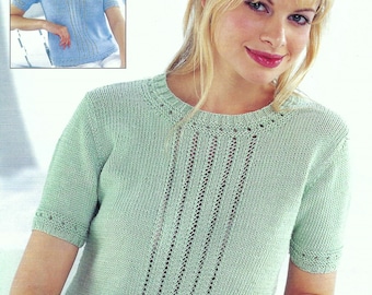 Laides Simple Short Sleeve Sweater Womens Lace Panel V or Round Neck Summer Top PDF Knitting Pattern DK 8ply 30 - 42" Vintage Downlaodable