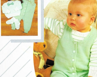 Easy PDF Knitting Pattern All In One Romper Dungarees Sweater Socks Striped Jumper Baby Boys Girls DK ( 8 ply ) 16 - 20" 0 - 12 mths Vintage