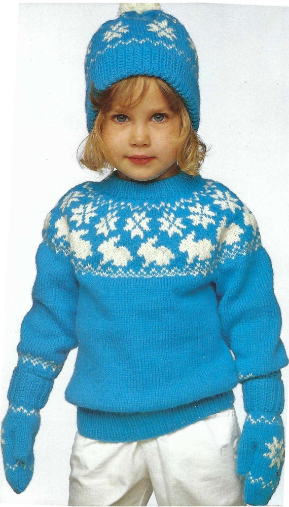 Girls Fair Isle Yoke Snowflake Bunny Rabbit Sweater Jumper Hat Mittens PDF Knitting Pattern DK 8 ply 22 26 2 6 yrs Vintage