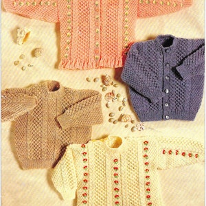 May include: Four knitted cardigans in different colors and patterns. The cardigans are all made with a textured stitch and have a button closure. The cardigans are displayed on a light brown background.
