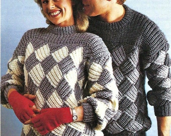 Mens Ladies Loose Fit 2 Colour Basket Weave Sweater Jumper Pullover PDF Knitting Pattern Chunky ( Bulky, 12 ply ) 36 - 46" Vintage Download