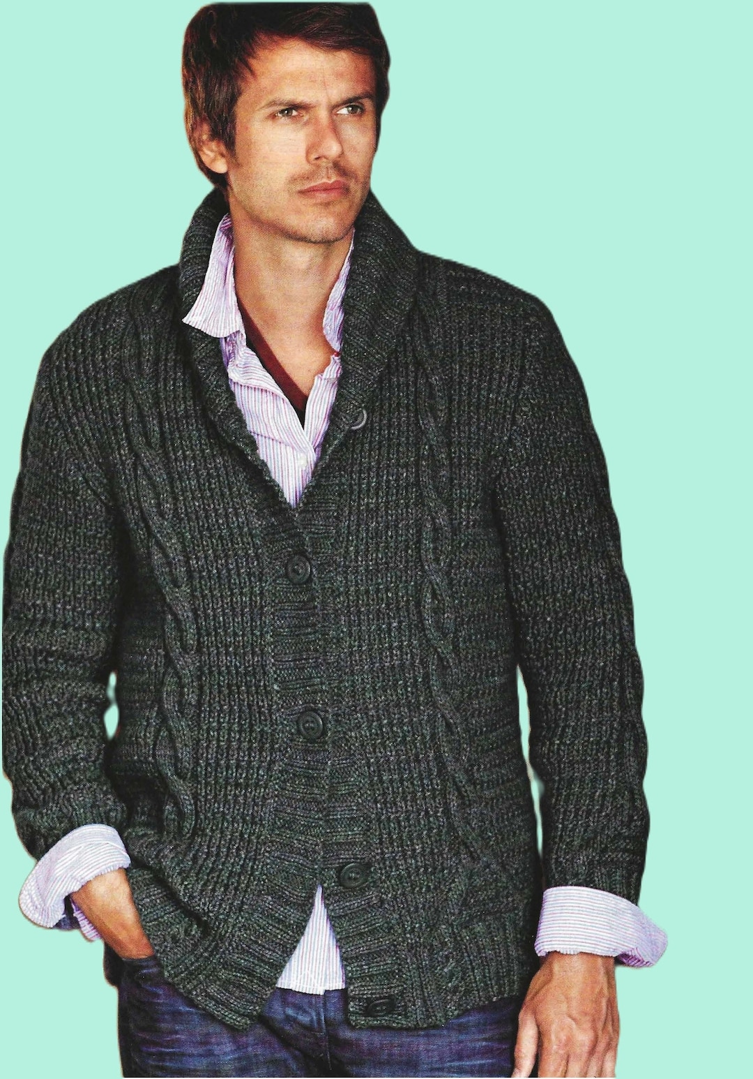Mens Casual Cable Jakcet Shawl Collar Cardigan PDF Knitting Pattern