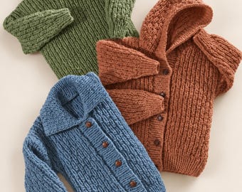 May include: Three chunky knit sweaters in olive green, rust orange, and dusty blue. The olive green sweater has a turtleneck, the rust orange sweater features a hood and front buttons, and the dusty blue sweater has a collar with front buttons.