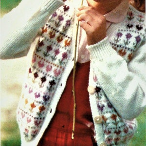 Girls Pretty Fair Isle Cardigan Hearts Flowers Design PFD Knitting Pattern 4 ply 23 - 28" Age 3 - 8 years Vintage Downlaod