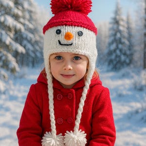 May include: A child wearing a red coat and a knitted snowman hat with a red pom-pom, black button eyes, and an orange nose. The hat has white ear flaps with white pom-poms at the ends. The background is a snowy winter scene.