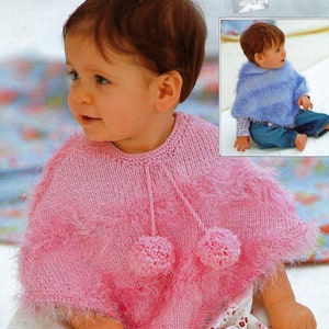 May include: A pink knitted poncho with a fuzzy trim and two pom-poms. The poncho is worn by a child. "3 months to 8 years" is written in the background.