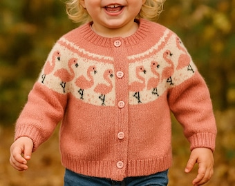 Knitting Pattern PDF Children's Flamingo Fair Isle Yoke Cardigan Baby Toddler Girls Yoked Jacket DK 8ply 20 - 23" Age 1 - 5 yrs Downloadable