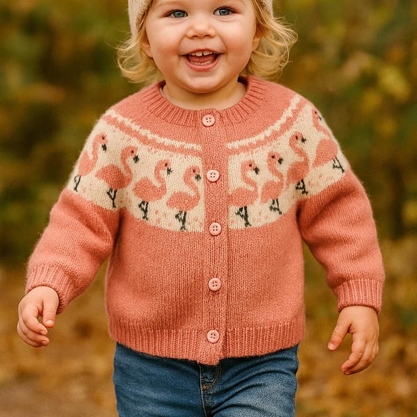 Knitting Pattern PDF Children's Flamingo Fair Isle Yoke Cardigan Baby Toddler Girls Yoked Jacket DK 8ply 20 - 23" Age 1 - 5 yrs Downloadable